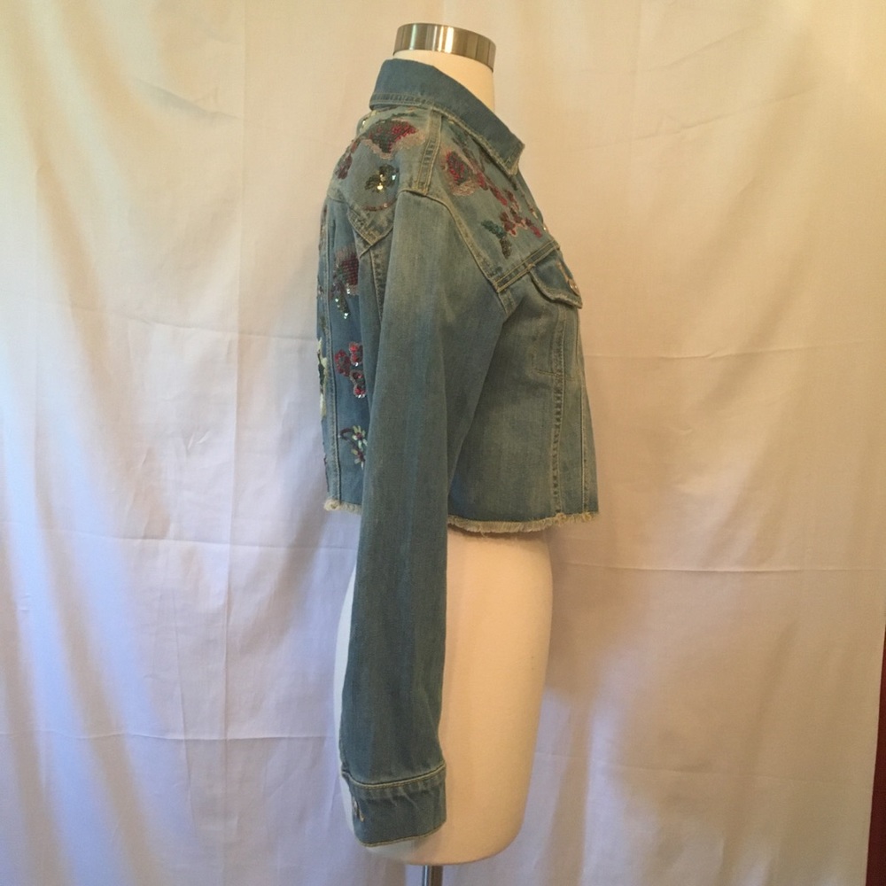 Zara Floral Sequin Cropped Denim Jean Jacket XS - Picture 6 of 8